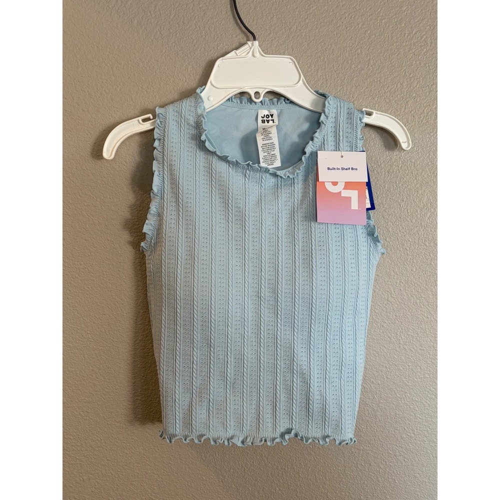 JoyLab Womens Pointelle Knit Tank Top Light Blue Built-In Shelf Bra Mock Neck M